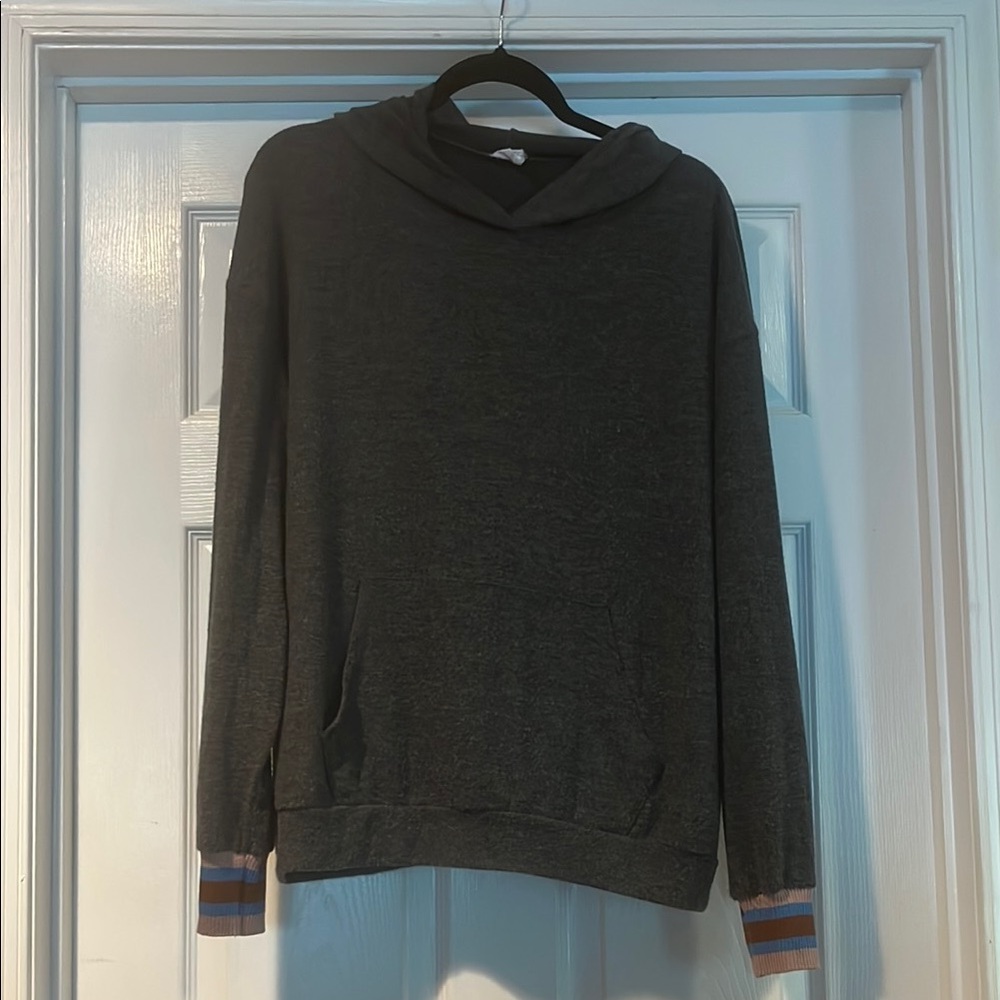 Dark Gray Hoodie with Striped Cuffs